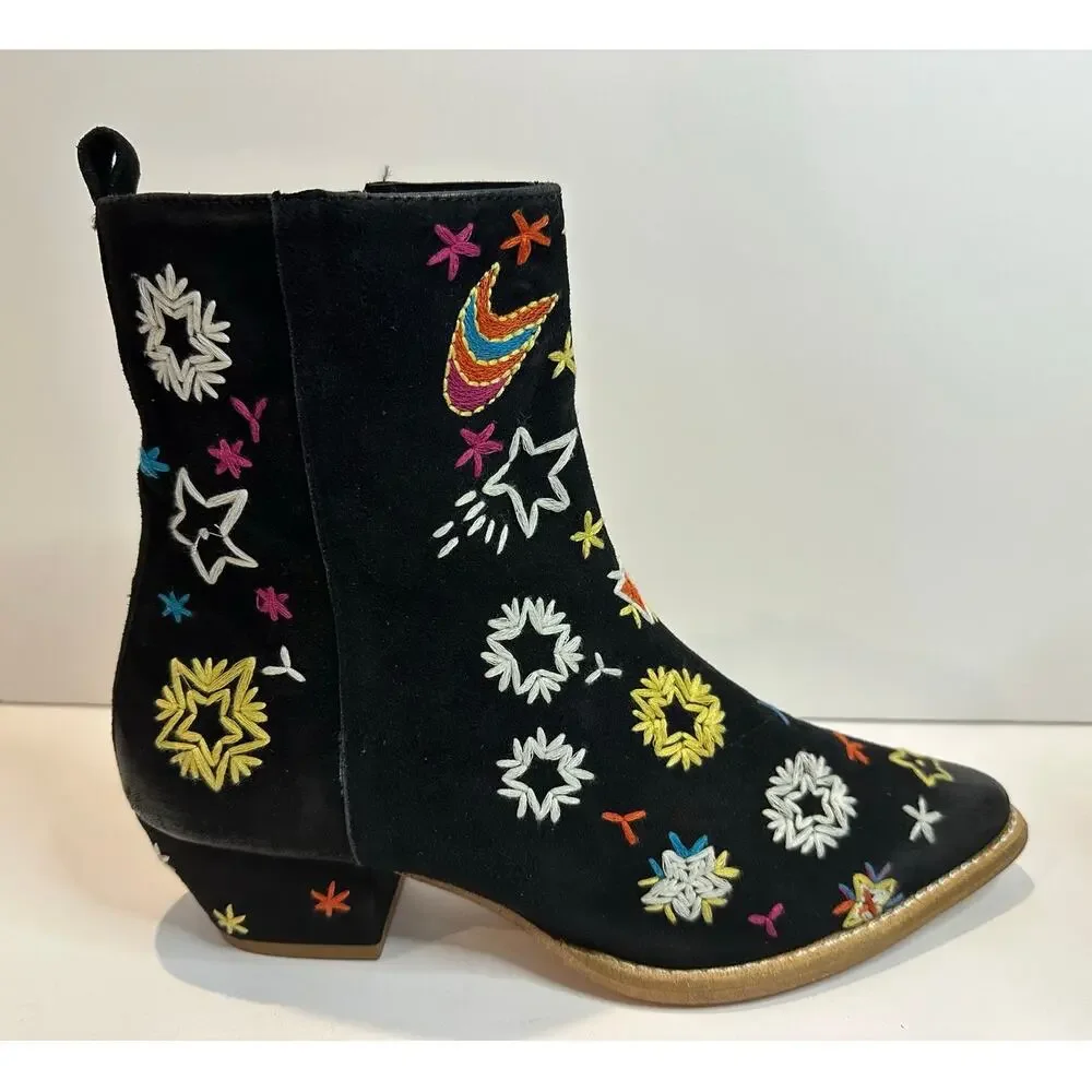Free People Bowers Embroidered Western Ankle Boots Women’s EU 39 Black NWOB